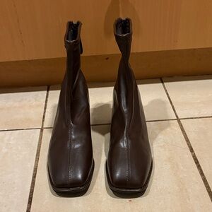 Brown Square Toe Heeled Ankle Boots